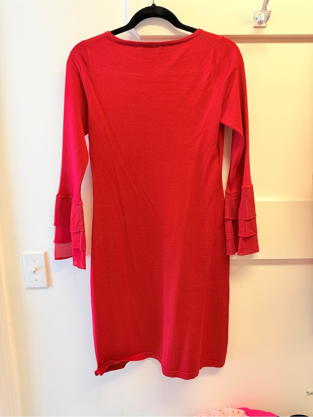 Calvin Klein Red Long-Sleeve A-Line Dress with Tiered Sheer Cuffs - Picture 5 of 6